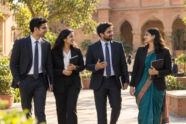 Illustrative scene of legal professionals connecting in a campus courtyard.